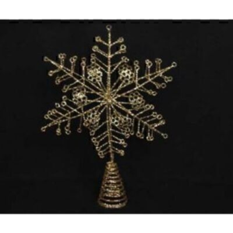 Gold Wire Snowflake Tree Topper by Gisela Graham Made from Gold Glitter Wire, this Snowflake Christmas Tree Topper by the designer Gisela Graham is sure to add some sparkle to your Christmas Tree. A beautiful Christmas tree topper decoration. Size 33x23x6cm<br><br>
If it is Christmas Tree Decorations to be sent anywhere in the UK you are after than look no further than Booker Flowers and Gifts Liverpool UK. Our Tree Decorations are specially selected from across a range of suppliers. This way we can bring you the very best of what is available in Tree Decorations.<br><br>
The Gisela Graham Christmas collection is sure to have the perfect Christmas tree topper to finish off your tree. From Faries to Stars, Traditional to quirky there really is something for everyone.<br><br>
Gisela loves Christmas Gisela Graham Limited is one of Europes leading giftware design companies. Gisela made her name designing exquisite Christmas and Easter decorations. However she has now turned her creative design skills to designing pretty things for your kitchen - home and garden. She has a massive range of over 4500 products of which Gisela is personally involved in the design and selection of. In their own words Gisela Graham Limited are about marking special occasions and celebrations. Such as Christmas - Easter - Halloween - birthday - Mothers Day - Fathers Day - Valentines Day - Weddings Christenings - Parties - New Babies. All those occasions which make life special are beautifully celebrated by Gisela Graham Limited.<br><br>
Christmas and it is her love of this occasion which made her company Gisela Graham Limited come to fruition. Every year she introduces completely new Christmas Collections with Unique Christmas decorations. Gisela Grahams Christmas ranges appeal to all ages and pockets.<br><br>
Gisela Graham Christmas Decorations are second not none a really large collection of very beautiful items she is especially famous for her Fairies and Nativity. If it is really beautiful and charming Christmas Decorations you are looking for think no further than Gisela Graham.<br><br>
This Beautiful Gisela Graham Snowflake Christmas Tree Topper is the perfect tree topper to finish off your Christmas Tree. In lovely bright glittering gold it will really compliment gold themed or Traditional Christmas Decorations and the perfect topper to your Christmas tree. Remember Booker Flowers and Gifts for Gisela Graham Tree Toppers